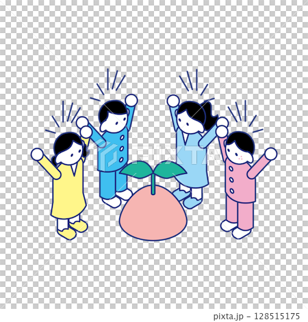 アイデアの芽が出たことを喜ぶ子どもたちのアイソメトリックイラスト 128515175