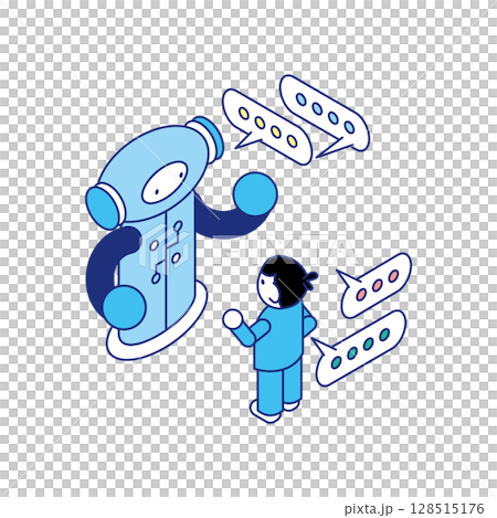 Isometric illustration of a child communicating with an interactive AI robot 128515176