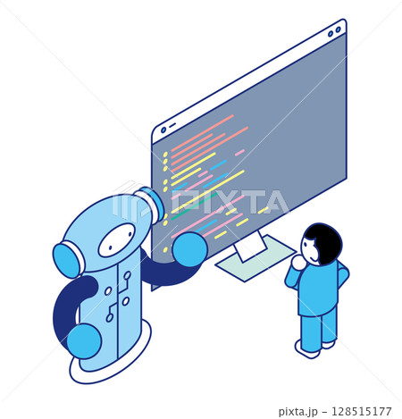 ロボットと子どもが一緒にコードを読み解くプログラミング学習の場面のアイソメイラスト 128515177