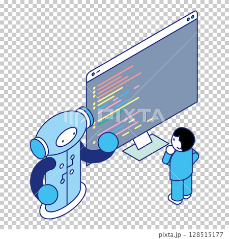 ロボットと子どもが一緒にコードを読み解くプログラミング学習の場面のアイソメイラスト 128515177