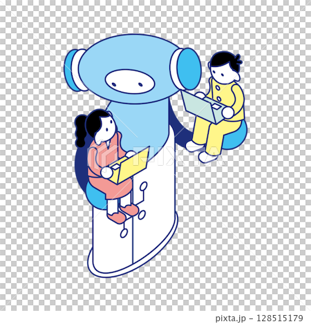 Isometric illustration of a robot and a child learning together with the letters STEAM Isometric illustration of a robot and a child learning together with the letters STEAM 128515179