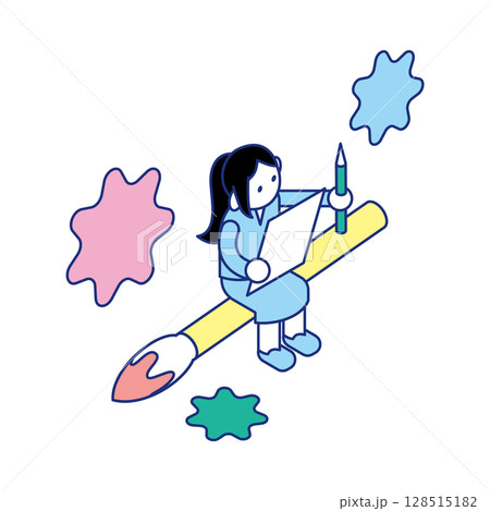 キャンバスに絵を描く子どものアート教育のアイソメイラスト キャンバスに絵を描く子どものアート教育のアイソメイラスト 128515182