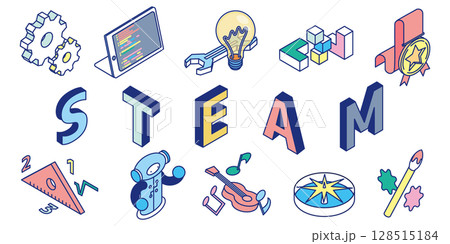 STEAM(科学・技術・工学・芸術・数学)の要素を表したアイソメトリックイラスト STEAM(科学・技術・工学・芸術・数学)の要素を表したアイソメトリックイラスト 128515184