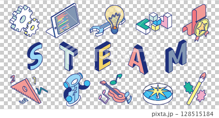 等距插圖展示 STEAM（科學、技術、工程、藝術、數學）元素 128515184