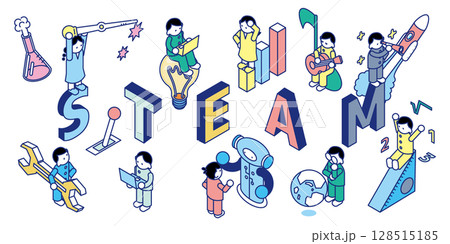 STEAM（科学・技術・工学・芸術・数学）の要素を表したアイソメトリックイラスト 128515185