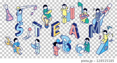 STEAM（科学・技術・工学・芸術・数学）の要素を表したアイソメトリックイラスト 128515185