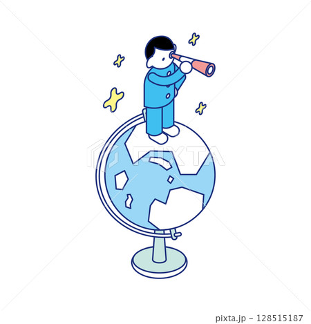 地球儀の上に立ち、観察・調査・考察する子どもたちの教育アイソメイラスト 地球儀の上に立ち、観察・調査・考察する子どもたちの教育アイソメイラスト 128515187