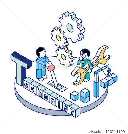 テクノロジーの文字と歯車を動かす子どもたちのアイソメトリックイラスト 128515190
