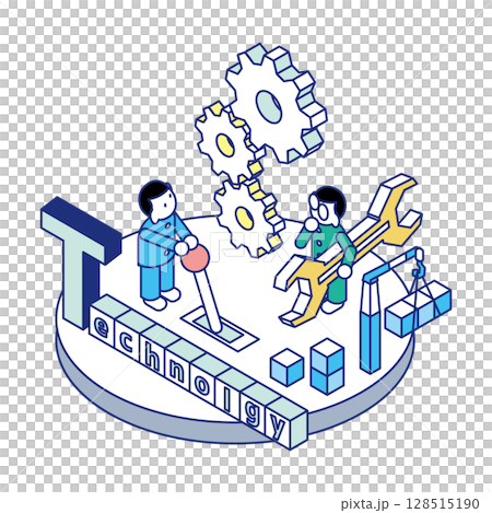 テクノロジーの文字と歯車を動かす子どもたちのアイソメトリックイラスト 128515190
