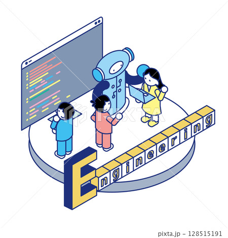 STEAM教育のチームで工学的アプローチに取り組む子どもたちのアイソメトリックイラスト 128515191