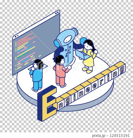 STEAM教育のチームで工学的アプローチに取り組む子どもたちのアイソメトリックイラスト 128515191