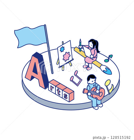 アートの世界で遊ぶ子どもたち｜創造性を育てるSTEAMアイソメトリックイラスト 128515192