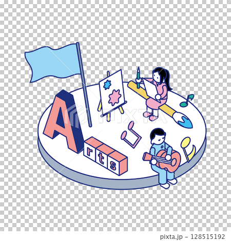 アートの世界で遊ぶ子どもたち｜創造性を育てるSTEAMアイソメトリックイラスト 128515192