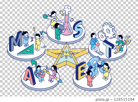 Isometric illustrations representing the five fields of STEAM education (science, technology, engineering, arts, mathematics) Isometric illustrations representing the five fields of STEAM education (science, technology, engineering, arts, mathematics) 128515194