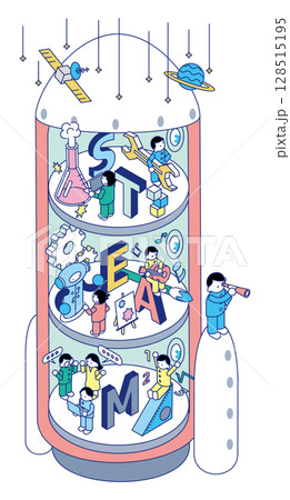 STEAM教育の5分野を搭載した学びのロケット図解のアイソメイラスト 128515195