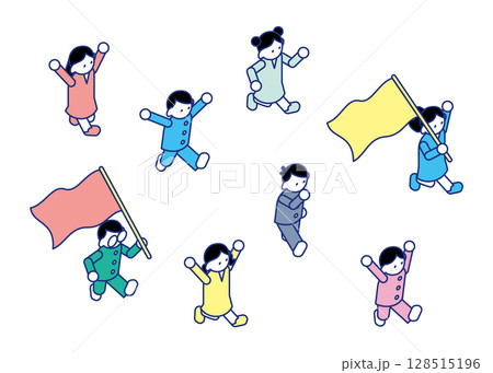 元気いっぱいに走り回る子どもたちのアイソメイラスト 元気いっぱいに走り回る子どもたちのアイソメイラスト 128515196