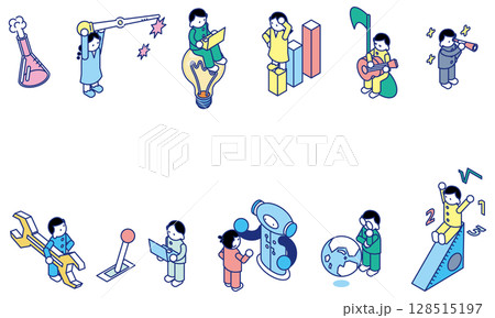 科学・技術・工学・芸術・数学に取り組む子どもたちの図解風アイソメイラスト 科学・技術・工学・芸術・数学に取り組む子どもたちの図解風アイソメイラスト 128515197