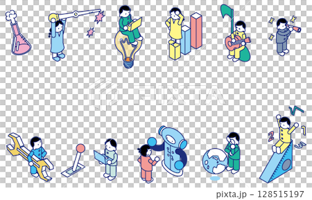 科学・技術・工学・芸術・数学に取り組む子どもたちの図解風アイソメイラスト 科学・技術・工学・芸術・数学に取り組む子どもたちの図解風アイソメイラスト 128515197