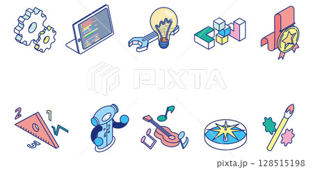 科学・技術・工学・芸術・数学を表現したアイソメイラストアイコンセット 科学・技術・工学・芸術・数学を表現したアイソメイラストアイコンセット 128515198