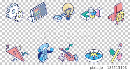 科学・技術・工学・芸術・数学を表現したアイソメイラストアイコンセット 科学・技術・工学・芸術・数学を表現したアイソメイラストアイコンセット 128515198