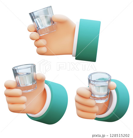 Hand holding a glass of soju cartoon style 3D graphic Hand holding a glass of soju cartoon style 3D graphic 128515202
