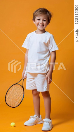 Clutching a tennis racket, boy exudes happiness, anticipating a lively game outdoors. Clutching a tennis racket, boy exudes happiness, anticipating a lively game outdoors. 128515306