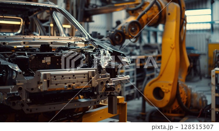 High-Tech Car Manufacturing Assembly Line with Robotic Arms. Robotic arm on a production line in a car factory. 128515307