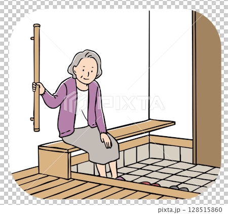 Grandma sitting on a bench with a railing at the entrance 128515860