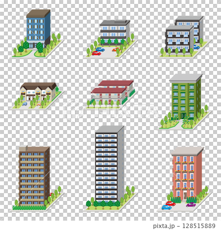 建物の立体的なイラスト.  128515889