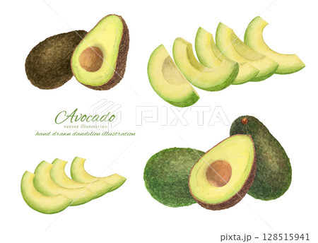 水彩で描いたカットしたアボカドのベクターイラストで飾ったフレーム背景 128515941