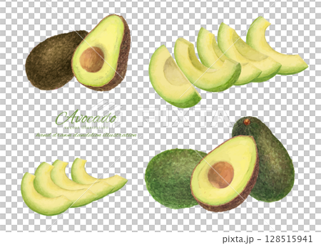 水彩で描いたカットしたアボカドのベクターイラストで飾ったフレーム背景 128515941