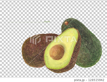 Watercolor cartoon of avocado cut in half 128515942