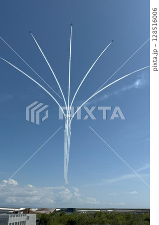 大阪・関西万博　大屋根リングよりプルーインパレス展示飛行 128516006