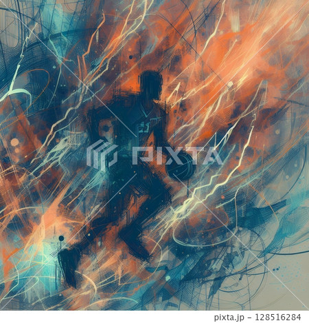Electric Basketball Energy for Abstract Athlete in High-Speed Motion with Power Lines and Dynamic Light with Generative AI. 128516284