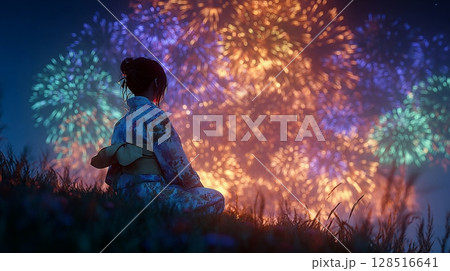 浴衣の日本人少女と花火8 128516641