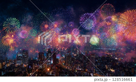 東京のスカイラインと花火8 128516661