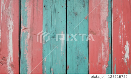 Painted wooden pastel blue and red color textured pattern stacking board aged background 128516723