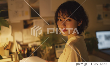 夜遅くまで残業する女性　ビジネスシーン 128516846
