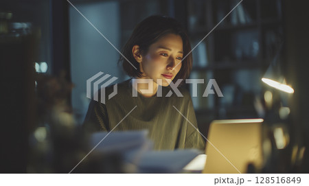 夜遅くまで残業する女性 ビジネスシーン 夜遅くまで残業する女性 ビジネスシーン 128516849