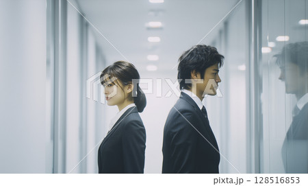 社内の廊下で男女のビジネスパーソンが背中合わせに立っている 128516853