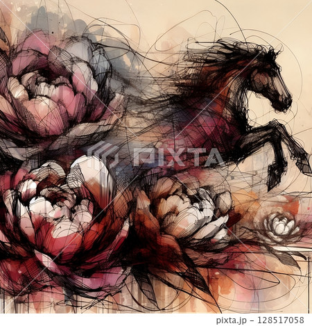 Fiery Horse Zodiac in Dynamic Energy and Fortune for the Chinese Year of the Horse with Generative AI. 128517058