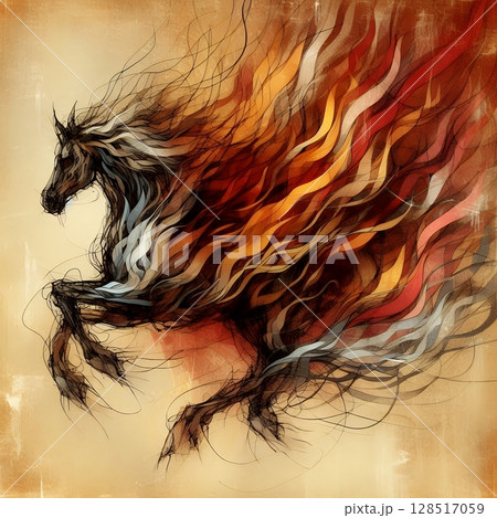 Fiery Horse Zodiac in Dynamic Energy and Fortune for the Chinese Year of the Horse with Generative AI. 128517059