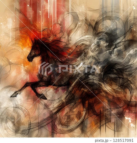 Fiery Horse Zodiac in Dynamic Energy and Fortune for the Chinese Year of the Horse with Generative AI. 128517091