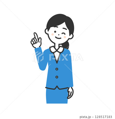指を指してウインクするスーツ姿の女性イラスト 128517183