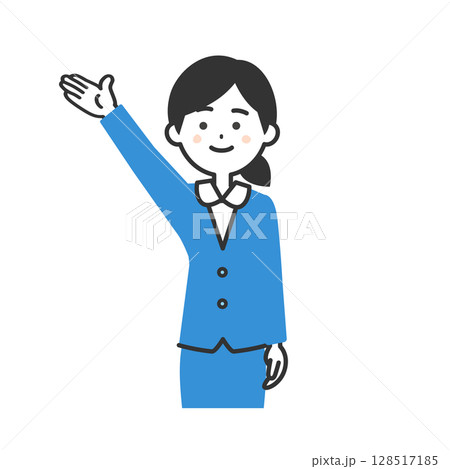 手で上のほうを指すスーツ姿の女性イラスト 128517185