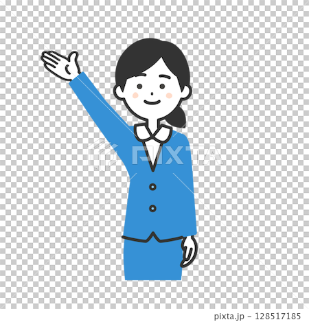 手で上のほうを指すスーツ姿の女性イラスト 128517185