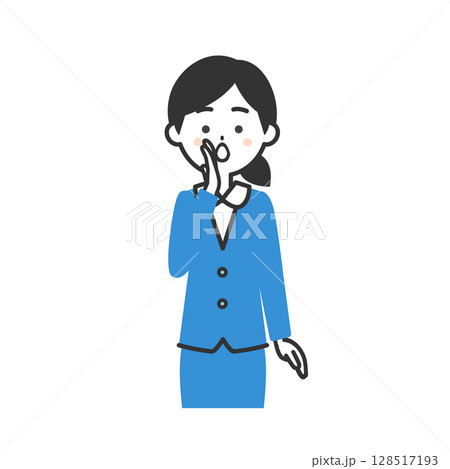 片手を口に当てて呼びかけるスーツ姿の女性イラスト 128517193