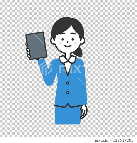 Illustration of a woman in a suit holding a tablet Illustration of a woman in a suit holding a tablet 128517203