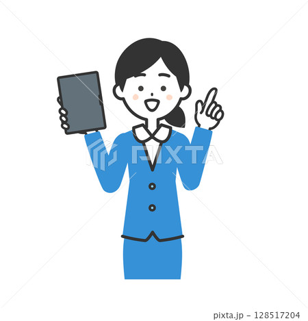 タブレット端末をもって指をさすスーツ姿の女性イラスト タブレット端末をもって指をさすスーツ姿の女性イラスト 128517204