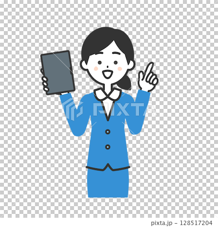 タブレット端末をもって指をさすスーツ姿の女性イラスト タブレット端末をもって指をさすスーツ姿の女性イラスト 128517204